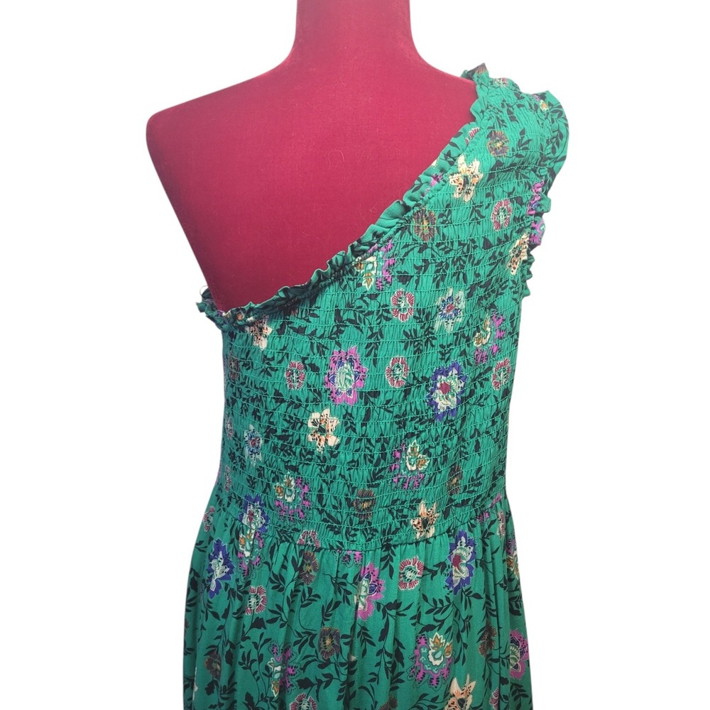 Knox Rose Green Floral One Shoulder Smocked Maxi Dress Boho Tiered Pocket. Sz lg - Picture 4 of 8